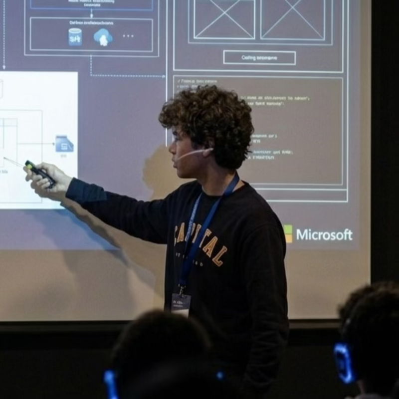 Diego Moya explicando arquitectura de aplicaciones en un evento de Microsoft